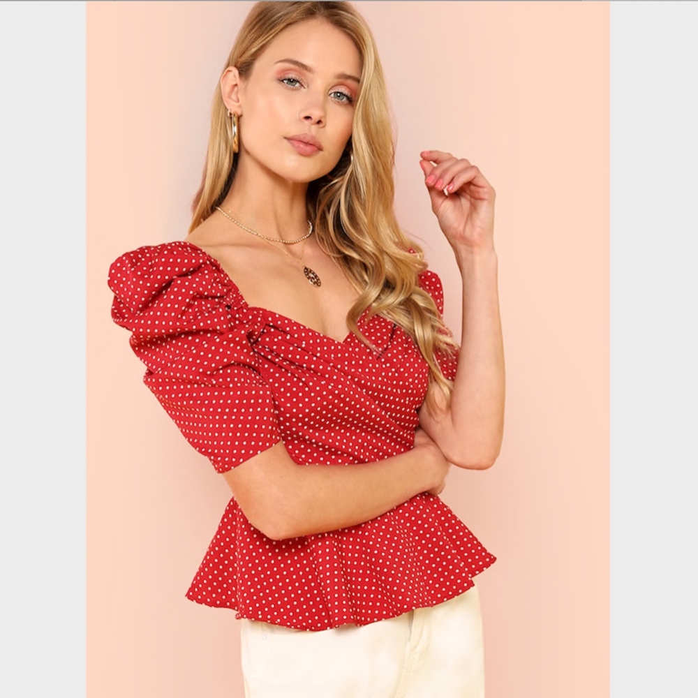 Wrap Front Polka Dot Top Maroon Red Puff Sleeves - Picture 2 of 6